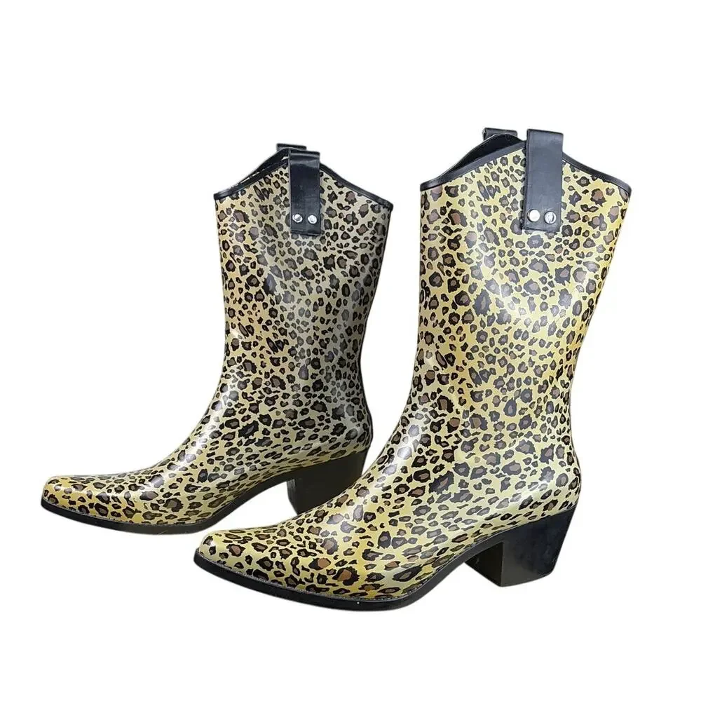 Capelli New York Leopard Rubber Cowboy Rain Boots Womens Size 10 Western